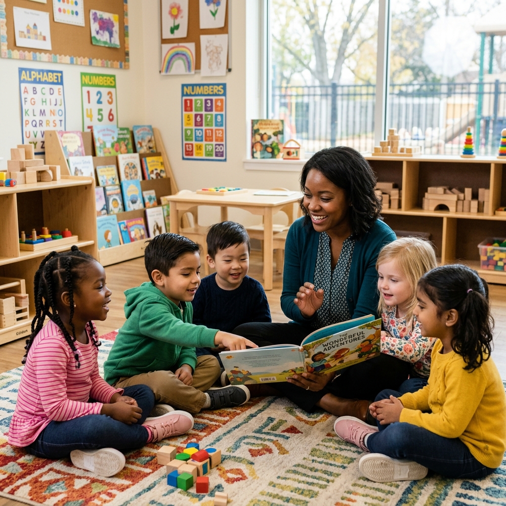 Preschool children engaged in an educational reading activity
