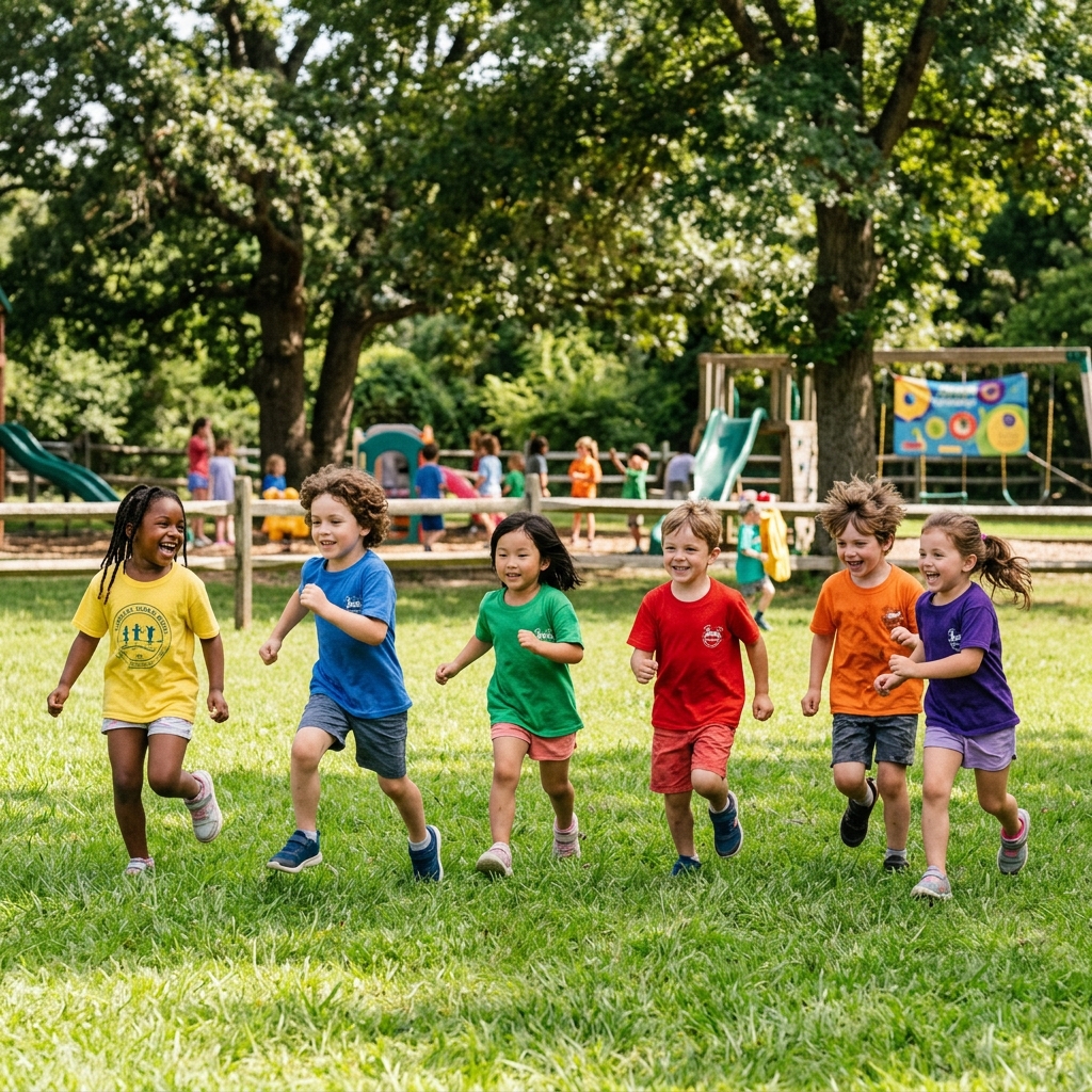 Children running and playing outdoors during summer camp
